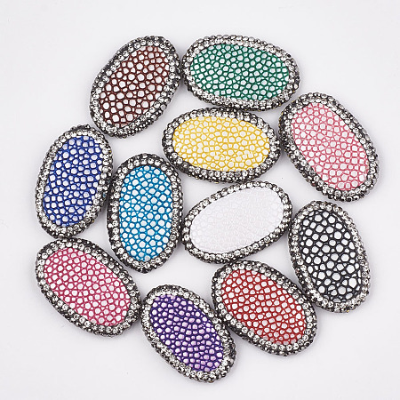 NBEADS Handmade Polymer Clay Rhinestone Beads, with Imitation Leather, Imitation Snake Skin, Oval, Mixed Color, 35~37x22~24x6mm, Hole: 1mm