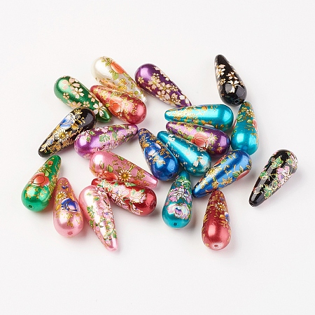 NBEADS Mixed Printed Resin Beads, Drop with Flower, Mixed Color, 32x13mm, Hole: 1mm