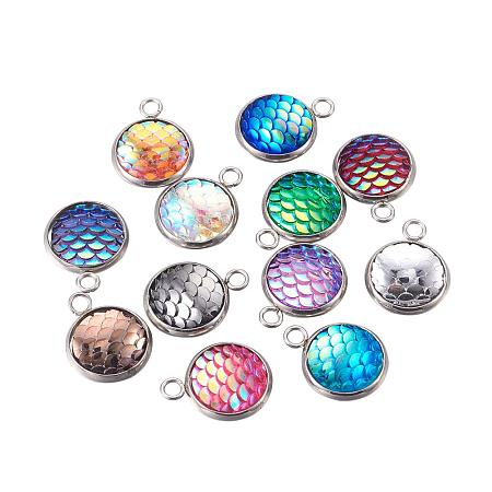 Arricraft 30pcs Mixed Color Flat Round with Mermaid Fish Scale Shaped Resin Pendants with 304 Stainless Steel Finding for Jewelry Making