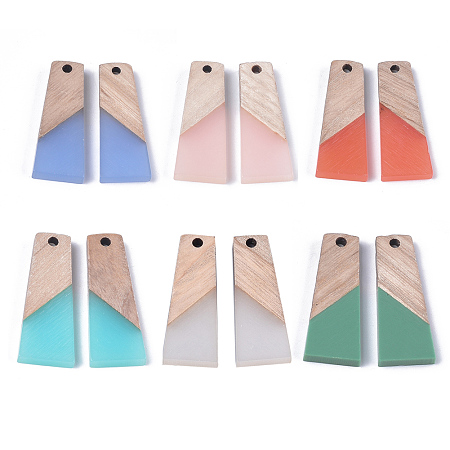 CHGCRAFT Resin & Wood Pendants, Trapezoid, Mixed Color, 30x12x3mm, Hole: 2mm