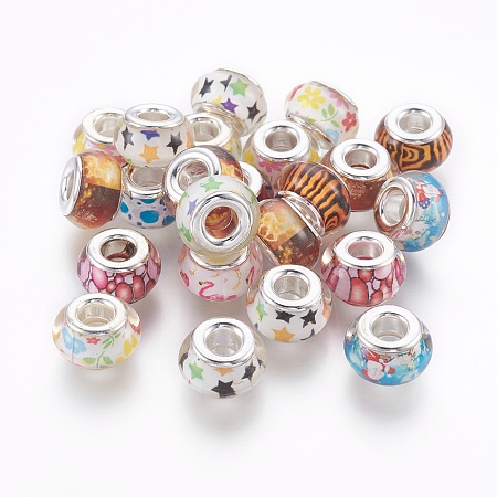 Arricraft Resin European Stripe Beads, Large Hole Beads, with Silver Color Plated Brass Cores, Rondelle, Mixed Color, 14x8.5mm, Hole: 5mm