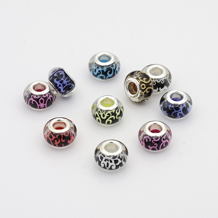 Arricraft Resin European Beads, Large Hole Beads, with Silver Color Plated Brass Cores, Faceted, Rondelle, Flamingo Pattern, Mixed Color, 14x8~8.5mm, Hole: 4.5~5mm