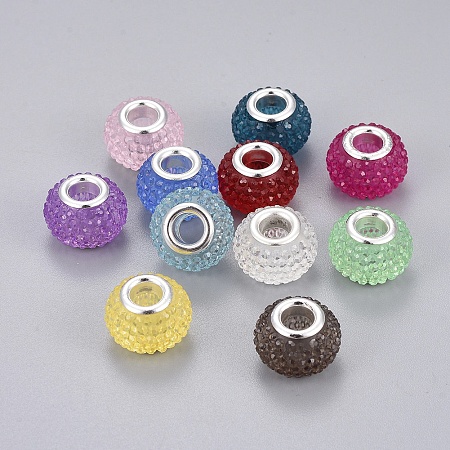 Arricraft Resin European Beads, Large Hole Rondelle Beads, with Brass Cores, Silver Color Plated, Mixed Color, 14x9mm, Hole: 5mm