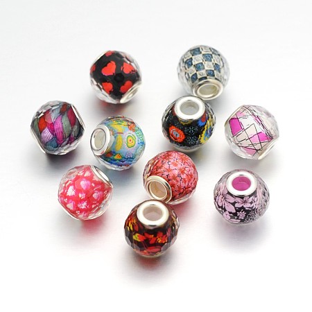 Arricraft Resin European Beads, Large Hole Beads, Faceted, Rondelle, Flower Pattern, Mixed Color, 14x8mm, Hole: 4.5~5mm
