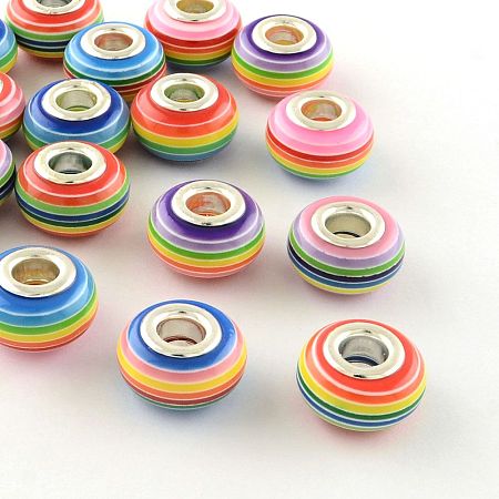 Arricraft Rondelle Pearlized Handmade Porcelain European Beads, with Silver Color Plated Brass Cores, Large Hole Beads, Mixed Color, 14~16x9~10mm, Hole: 5mm