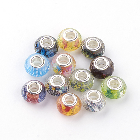 Honeyhandy Resin European Beads, Large Hole Beads, with Silver Color Plated Brass Cores, Faceted, Rondelle, Mixed Color, 14x9mm, Hole: 5mm