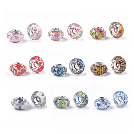 Arricraft Resin European Beads, with Antique Golden Plated Alloy Findings, Large Hole Beads, Cadmium Free & Lead Free, Cube with Flower, Mixed Color, 22.5x19.5x19.5mm, Hole: 6mm