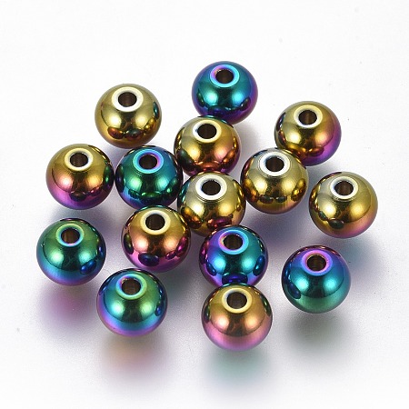 Vacuum Plating 304 Stainless Steel Beads, Round, Rainbow, Multi-color, 8x6.5mm, Hole: 2mm