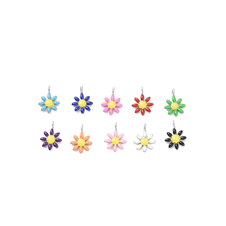 Honeyhandy 304 Stainless Steel Charms, with Enamel, Mixed Color, Flower, Stainless Steel Color, 10x7.5x2mm, Hole: 1mm