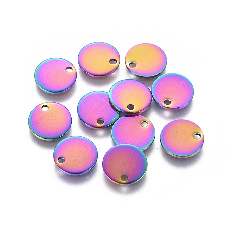 Nbeads  304 Stainless Steel Charms, Flat Round, Stamping Blank Tag, Multi-color, 12x1mm, Hole: 1.8mm