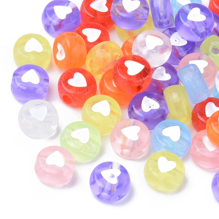 Honeyhandy Transparent Acrylic Beads, Flat Round with White Heart, Mixed Color, 7x3.5mm, Hole: 1.8mm, about 3700pcs/500g