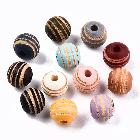 Honeyhandy Painted Natural Wood Beads, Laser Engraved Pattern, Round with Zebra-Stripe, Mixed Color, 10x8.5mm, Hole: 2.5mm