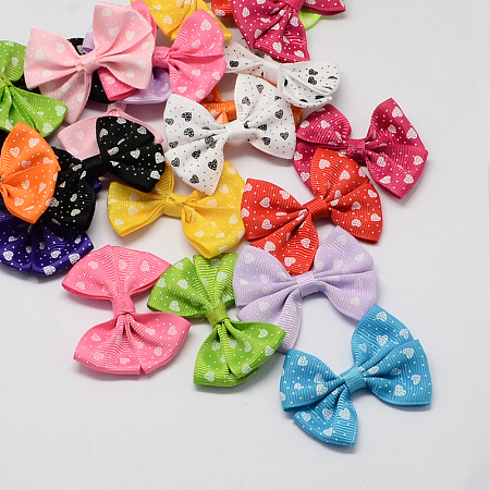 Honeyhandy Handmade Woven Costume Accessories, Heart Printed Grosgrain Bowknot, Mixed Color, 43x56x8mm, about 200pcs/bag