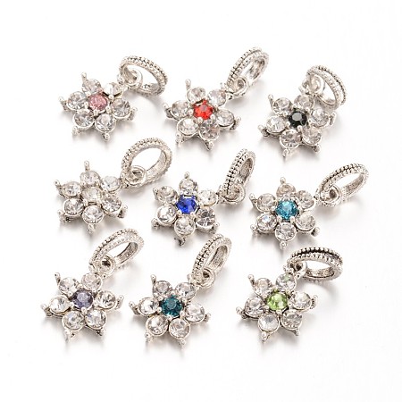 Honeyhandy Large Hole Alloy Rhinestone European Dangle Charms, Flower, Antique Silver, Mixed Color, 23mm, Hole: 6mm