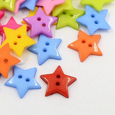 Honeyhandy Acrylic Sewing Buttons, Plastic Buttons, 2-Hole, Dyed, Star, Mixed Color, 16x2mm, Hole: 1mm