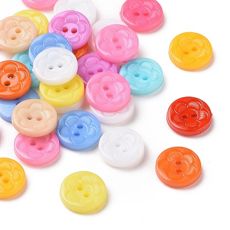 Honeyhandy Acrylic Sewing Buttons for Clothes Design, Plastic Buttons, 2-Hole, Dyed, Flat Round with Flower Pattern, Mixed Color, 12.5x3mm, Hole: 1mm