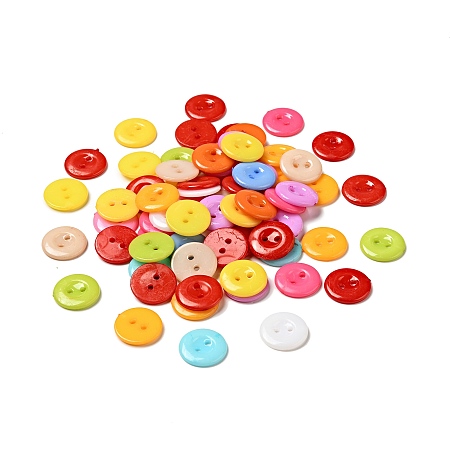 Honeyhandy Acrylic Sewing Buttons for Costume Design, Plastic Buttons, 2-Hole, Dyed, Flat Round, Mixed Color, 15x2mm, Hole: 1mm