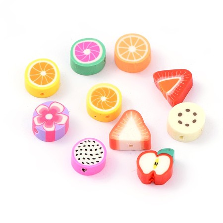 ARRICRAFT Mixed Fruit Theme Handmade Polymer Clay Beads, Mixed Color, 9~13x9~11x4~5mm, Hole: 1~2mm