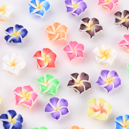 Honeyhandy Handmade Polymer Clay 3D Flower Plumeria Beads, Mixed Color, 12x8mm, Hole: 2mm