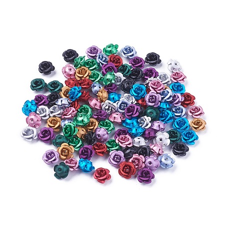 Honeyhandy Aluminum Beads, Frosted, Long-Lasting Plated, 5-Petal Flower, Mixed Color, 6~6.5x4mm, Hole: 0.8mm