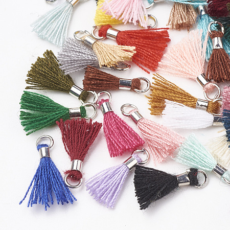 Honeyhandy Polycotton(Polyester Cotton) Tassel Pendant Decorations, Mini Tassel, with Brass Findings, Platinum, Mixed Color, 10~15x3~4mm, Hole: 2mm