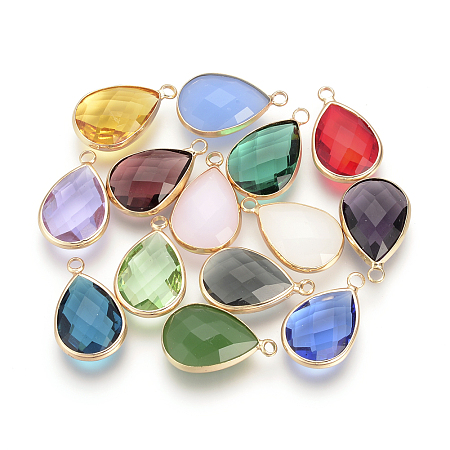 Honeyhandy Glass Pendants, with Brass Findings, Faceted, Teardrop, Mixed Color, 18x10.5x4.5mm, Hole: 2mm