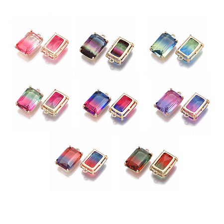 NBEADS Two Tone Glass Pendants, with Brass Findings, Faceted, Rectangle, Golden, Mixed Color, 20.5x13x8mm, Hole: 1.5mm