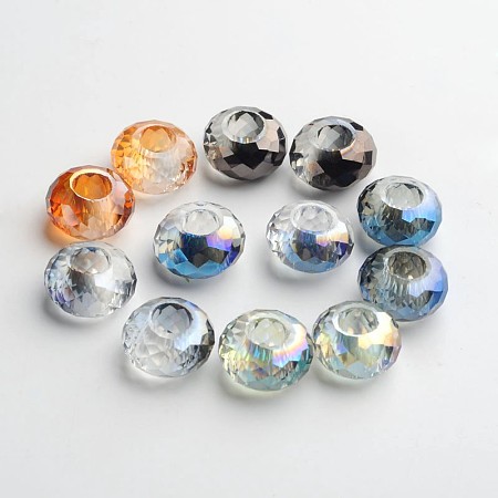 Honeyhandy 98 Faceted Electroplated Glass European Beads, Large Hole Beads, No Metal Core, Rondelle, Mixed Color, 14x8mm, Hole: 5mm