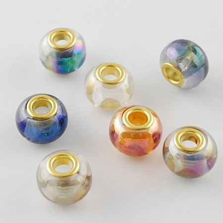 Arricraft Mixed Color Spray Painted Two Tone Glass Rondelle Large Hole European Beads, with Brass Cores, 15x12mm, Hole: 5mm