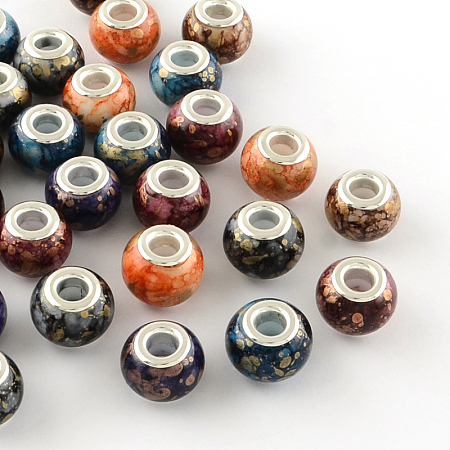 Honeyhandy Rondelle Spray Painted Glass European Large Hole Beads, with Silver Color Plated Brass Cores, Mixed Color, 14~15x11~12mm, Hole: 5mm