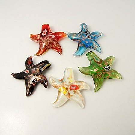 Honeyhandy Handmade Lampwork Pendants, with Gold Sand and Millefiori, Starfish/Sea Stars, Mixed Color, 53x51x11mm, Hole: 6.5x5mm