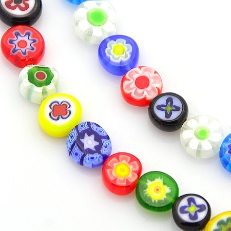 Honeyhandy Handmade Millefiori Glass Beads, Flat Round, Mixed Color, 7~9x3mm, Hole: 1mm, about 48pcs/strand, 14~14.5 inch