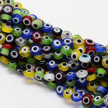 ARRICRAFT Handmade Evil Eye Lampwork Flat Round Bead Strands, Mixed Color, 6x3mm, Hole: 1mm, about 65pcs/strand, 14 inches