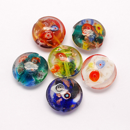 ARRICRAFT Handmade Gold Sand Lampwork Beads, with Millefiori Glass, Flat Round, Mixed Color, 20x10mm, Hole: 1.5mm