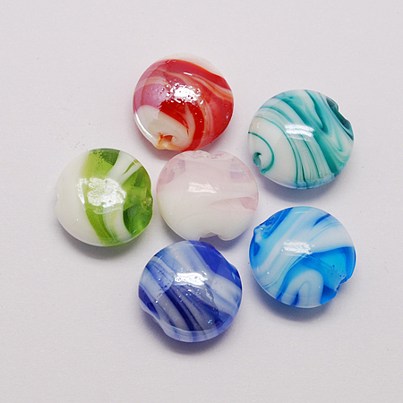 ARRICRAFT Handmade Lampwork Beads, Pearlized, Flat Round, Mixed Color, 16x8mm, Hole: 2mm