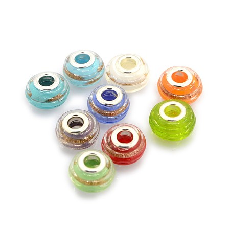 Arricraft Handmade Lampwork European Beads, Bumpy, Large Hole Rondelle Beads, with Platinum Tone Brass Double Cores, Mixed Color, 14~16x9~10mm, Hole: 5mm