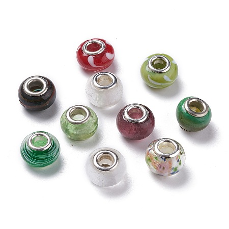 ARRICRAFT Handmade Lampwork European Style Beads, with Plating Silver Double Core, Rondelle, Colorful, 14x9mm, Hole: 5mm