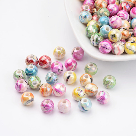 Honeyhandy Mixed Color Round Chunky Bubblegum AB Color Wave Printed Acrylic Beads, 8mm, Hole: 2mm