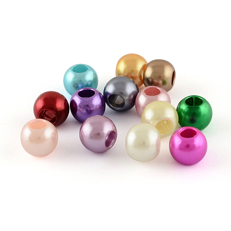 Arricraft ABS Plastic Imitation Pearl Rondelle European Beads, with Silver Color Plated Brass Double Cores, Large Hole Beads, Mixed Color, 14~15x9mm, Hole: 5mm