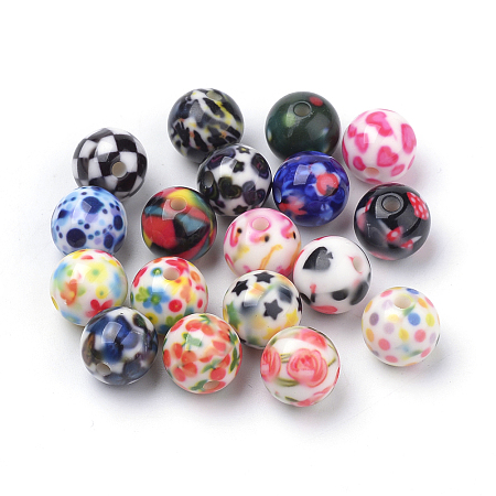 Arricraft Opaque Printed Acrylic Beads, Round, Mixed Color, 10x9.5mm, Hole: 2mm