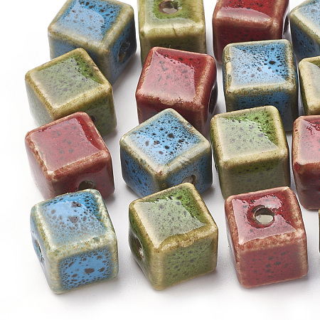 ARRICRAFT Handmade Porcelain Beads, Fancy Antique Glazed Style, Cube, Mixed Color, 12x12x12mm, Hole: 2.5mm