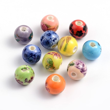 Honeyhandy Printed Handmade Porcelain Beads, Round, Mixed Color, 10mm, Hole: 2mm