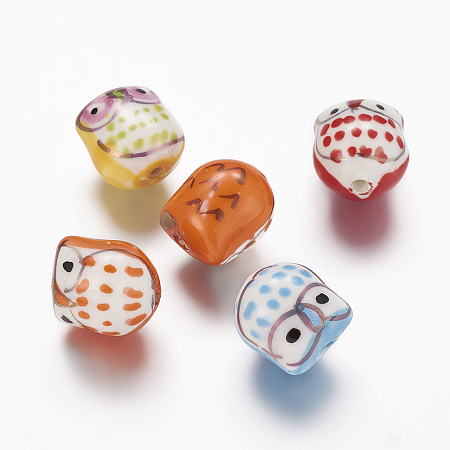 ARRICRAFT Handmade Porcelain Beads, Famille Rose Porcelain, Owl, Mixed Color, 17x15x13mm, Hole: 3mm