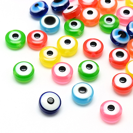 ARRICRAFT Resin Beads, Flat Round, Evil Eye, Mixed Color, 7.5~8x5~6mm, Hole: 1.8~2mm