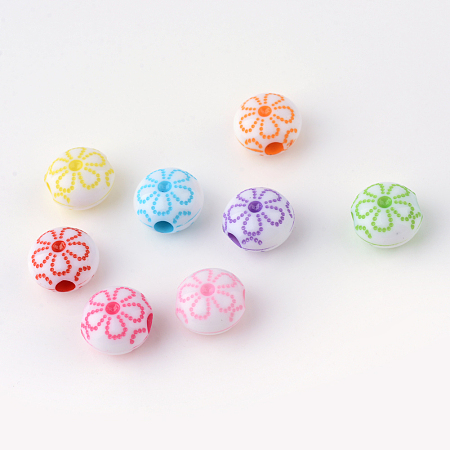 Honeyhandy Craft Style Acrylic Corrugated Beads, Flat Round Carved Flower, Mixed Color, 9.5x10x6.2mm, Hole: 2.5mm