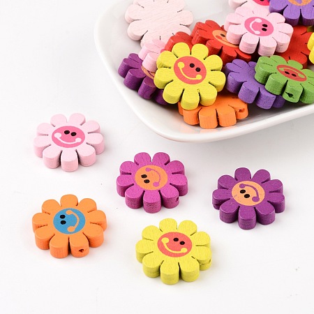 ARRICRAFT Mixed Lead Free Printed Natural Wood Sunflower Beads, Children's Day Gift Ideas, Dyed, Size: about 23mm in diameter, 4mm thick, hole: 2mm
