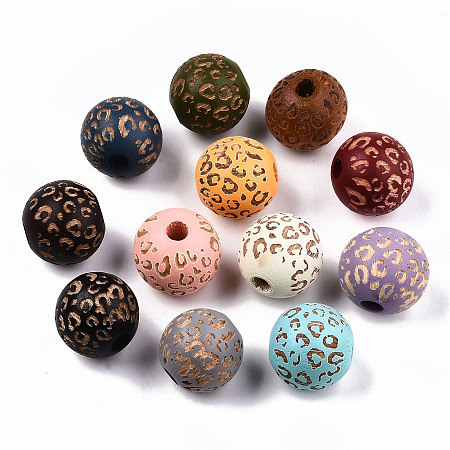Honeyhandy Painted Natural Wood Beads, Laser Engraved Pattern, Round with Leopard Print, Mixed Color, 15~16x15mm, Hole: 4mm