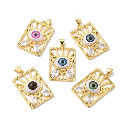 Brass Micro Pave Clear Cubic Zirconia Pendants, with Resin, Real 18K Gold Plated, Rectangle with Evil Eye, Mixed Color, 31x20.5x6mm, Hole: 5x3mm