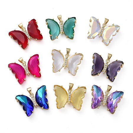 Honeyhandy Brass Micro Pave Clear Cubic Zirconia Pendants, with Glass, Butterfly, Golden, Mixed Color, 20x26.5x5mm