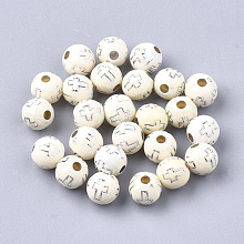 Honeyhandy Plating Acrylic Beads, Silver Metal Enlaced, Round with Cross, Beige, 8mm, Hole: 2mm